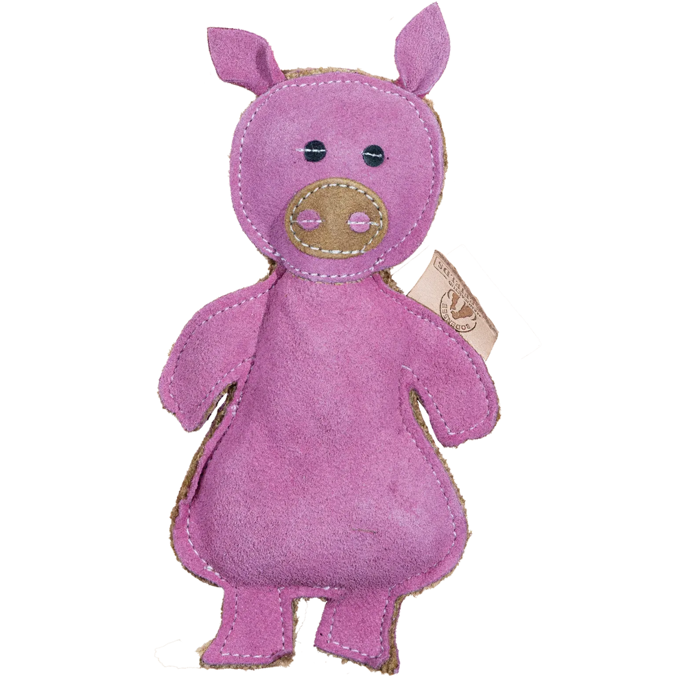 Kuscheliges rosa Schwein aus Wildleder mit runder Körperform und freundlichen Augen. Perfektes Spielzeug für Kinder.