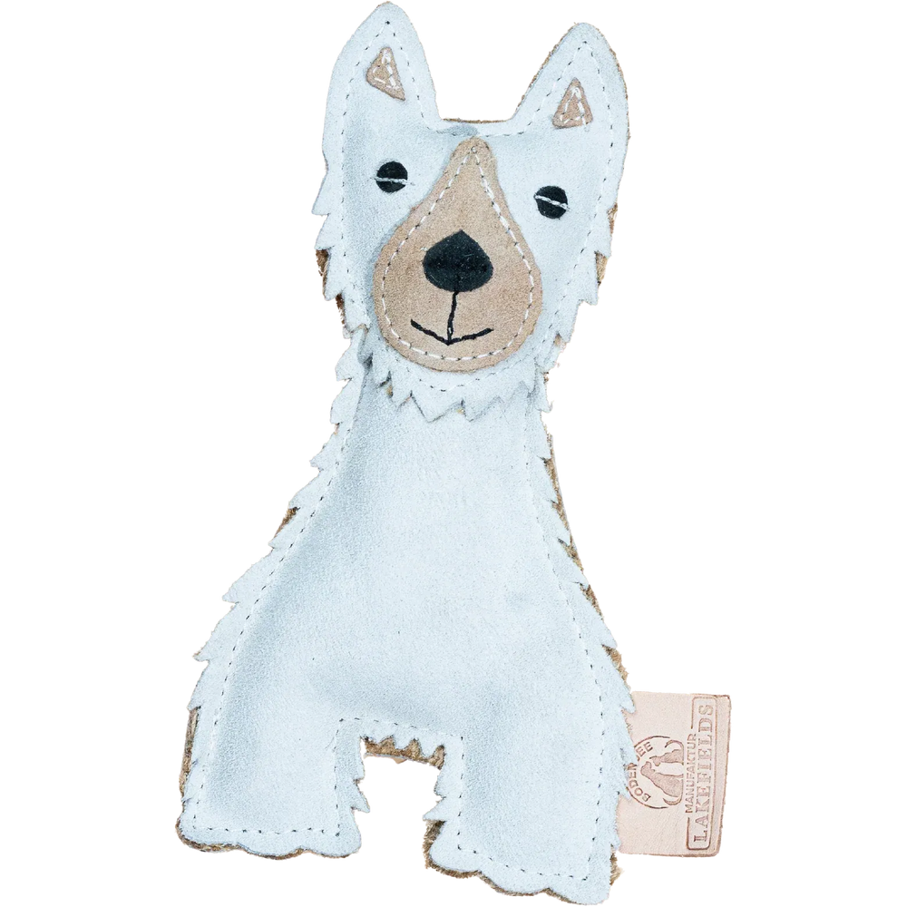 Handgefertigtes Wildleder-Spielzeug in Form eines liebenswerten weißen Tieres mit brauner Schnauze.