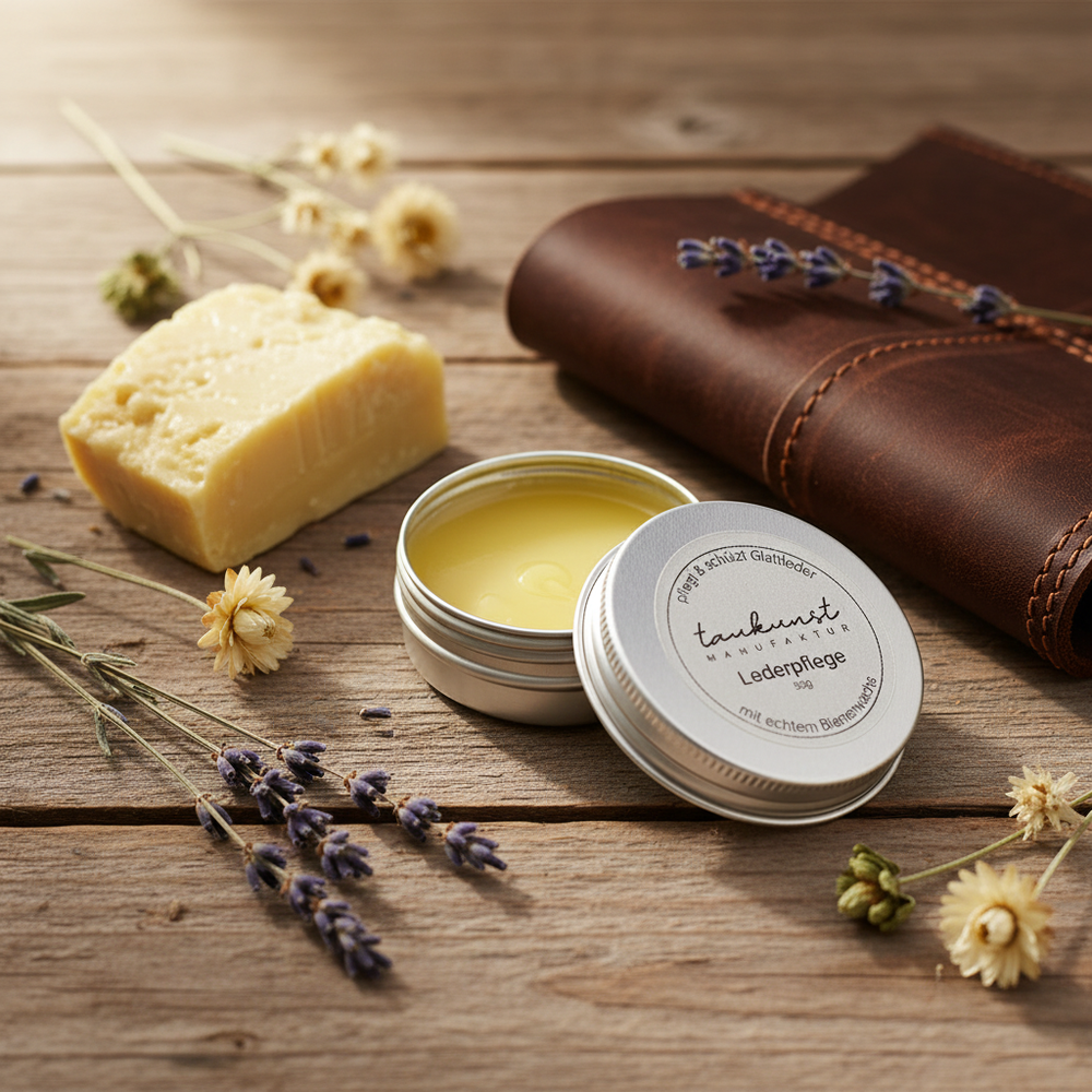Lederpflege 'Bee': Runde Metalldose mit gelbem Inhalt, neben Seife und braunem Lederartikel auf trockenem Untergrund.