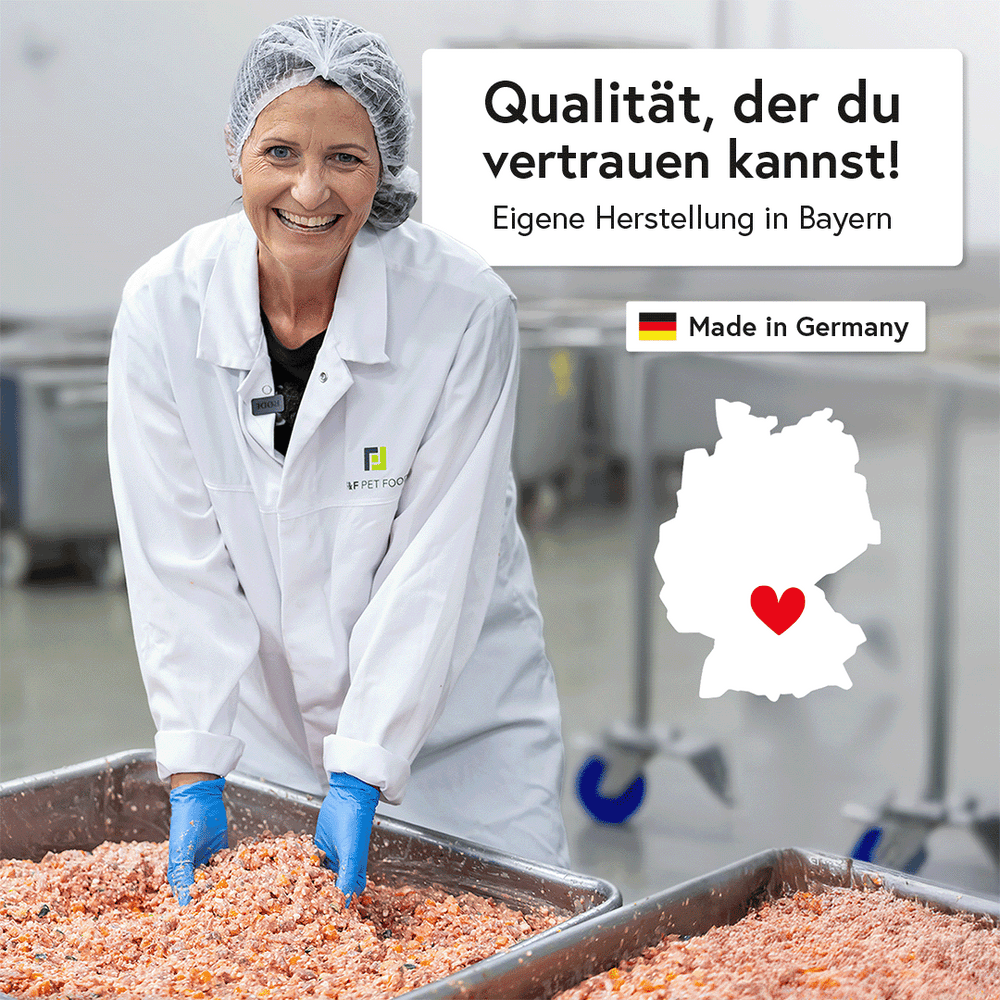 Lächelnde Frau in weißem Kittel und Haube arbeitet mit Fleisch in Produktionsstätte, Maschinen im Hintergrund.