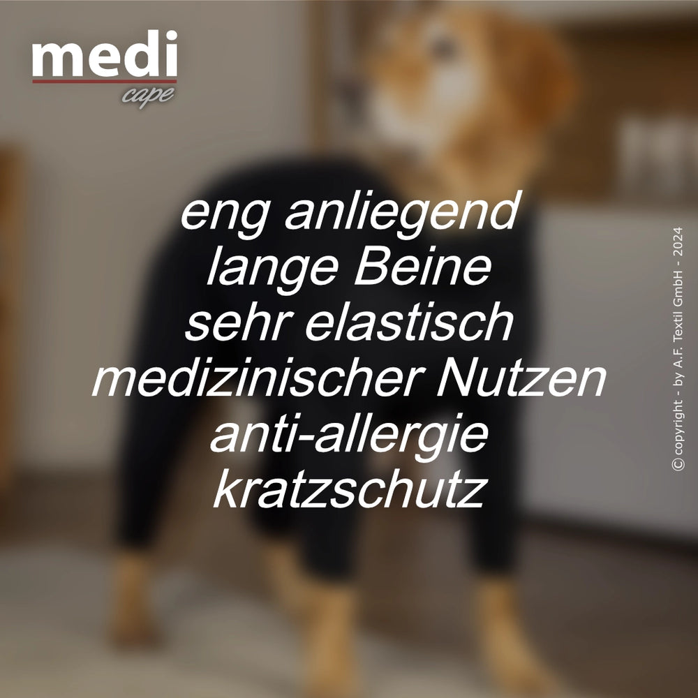 Schwarzes, eng anliegendes Hundekleidungsstück mit langen Beinen und anti-allergischen, medizinischen Vorteilen.