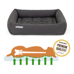 "Bequemes graues Hundebett von Doctor Bark, rechteckig mit gepolsterten Seiten für optimalen Schlafkomfort."