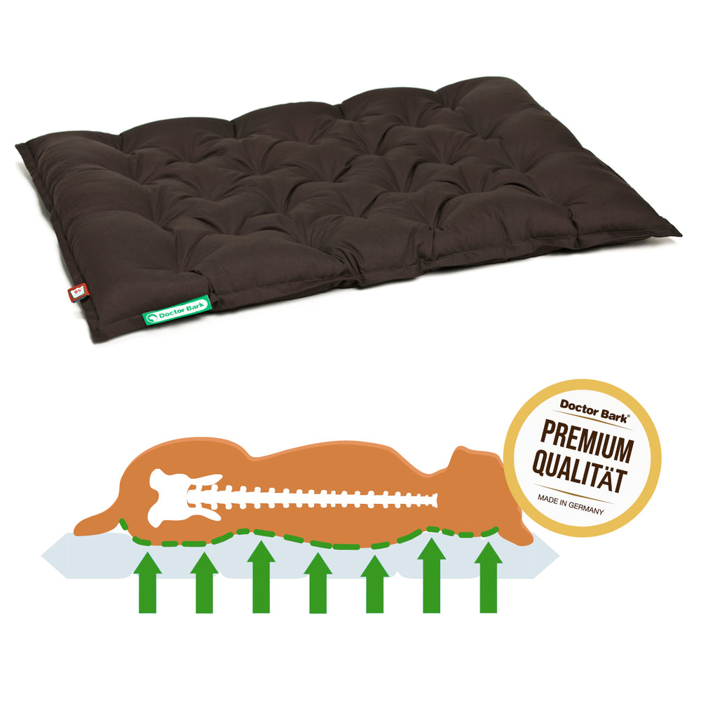 Braunes orthopädisches Hundekissen von Doctor Bark mit ergonomischer Unterstützung und gepolsterter Oberfläche für optimalen Komfort.