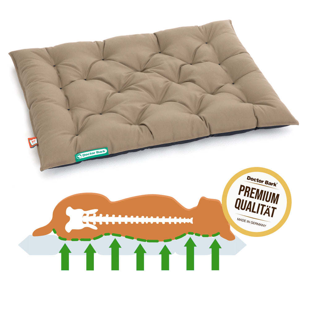 Braunes orthopädisches Hundekissen von Doctor Bark mit gepolsterter Struktur für optimalen Komfort und Unterstützung.