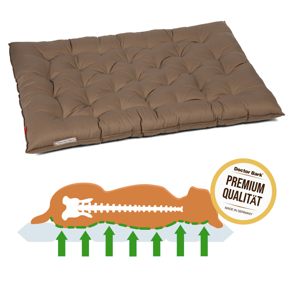 Braunes Doctor Bark orthopädisches Hundebett mit gestepptem Design und ergonomischer Unterstützung für optimale Tiergesundheit.