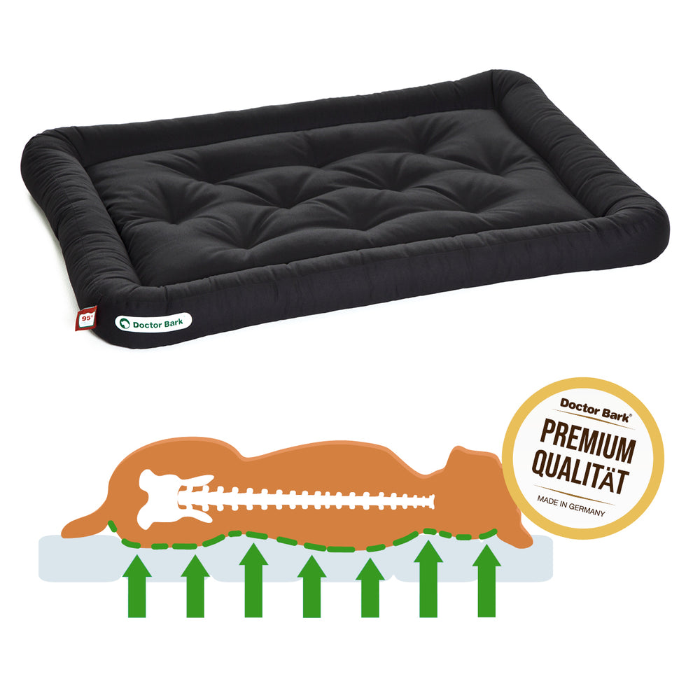 Schwarzes Doctor Bark Lounge-Kissen für Hunde, gepolstert und quiltet, umgeben von Rundungen.