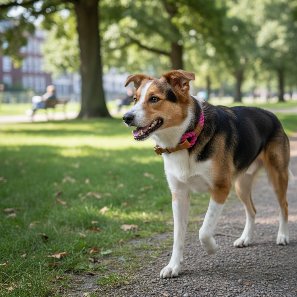 Hund mit braun-schwarz-weißem Fell trägt pinkes Zugstopp Tauhalsband Ahoi bei einem Spaziergang im Park.