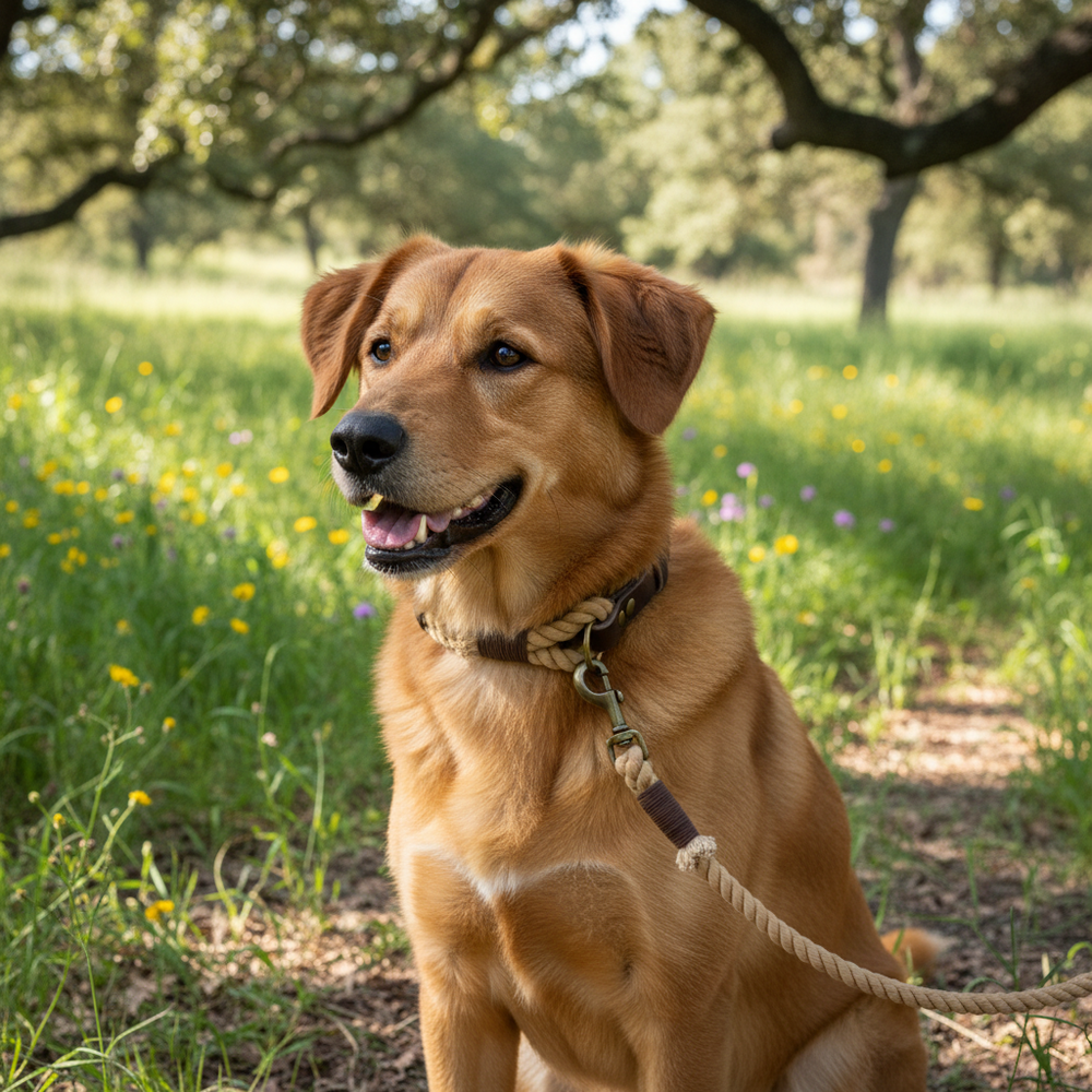 Brauner Hund sitzt fröhlich auf grüner Wiese mit Halsband und Leine, umgeben von blühender Landschaft und Bäumen.