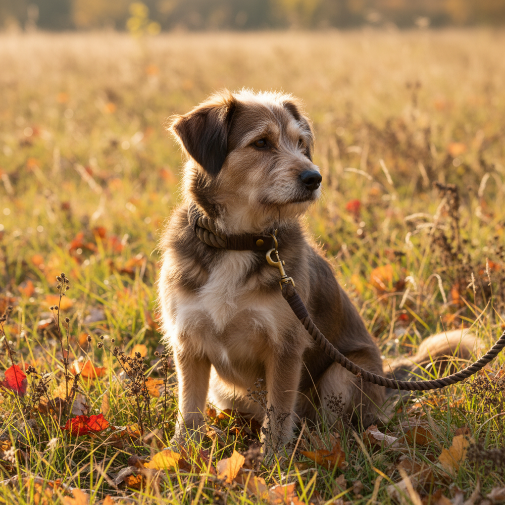 Brauner, lockiger Hund sitzt im grünen Feld zwischen herbstlichen, roten und orangefarbenen Blättern.