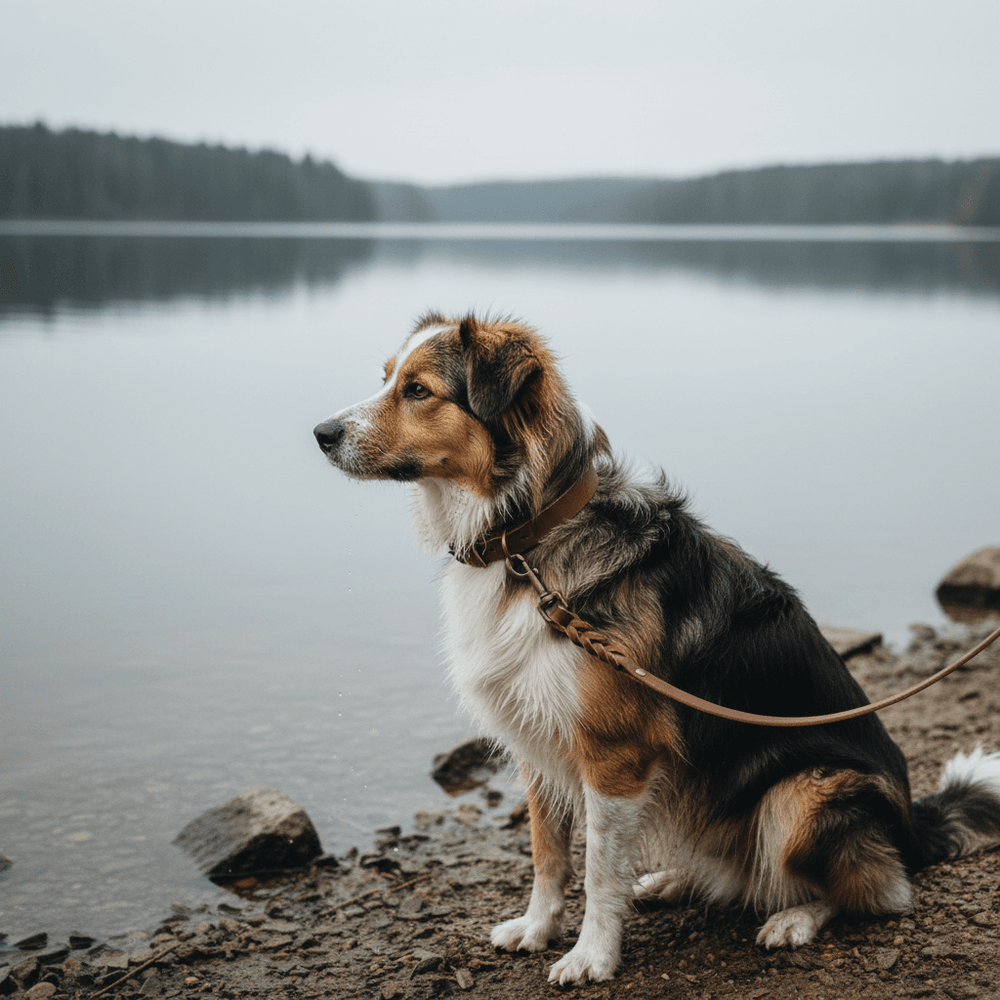 Braun-weißer Hund an einer Lederleine sitzt am See, umgeben von Bäumen und ruhiger Wasserfläche.