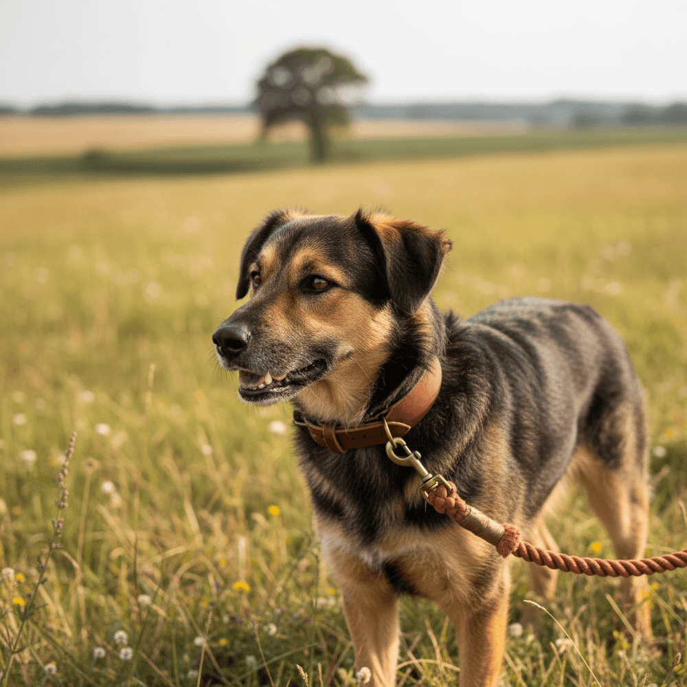„Brauner Hund mit Lederhalsband WALDSTREUNER auf einer Wiese, umgeben von hohen Gräsern und Bäumen, entspannte Atmosphäre.“