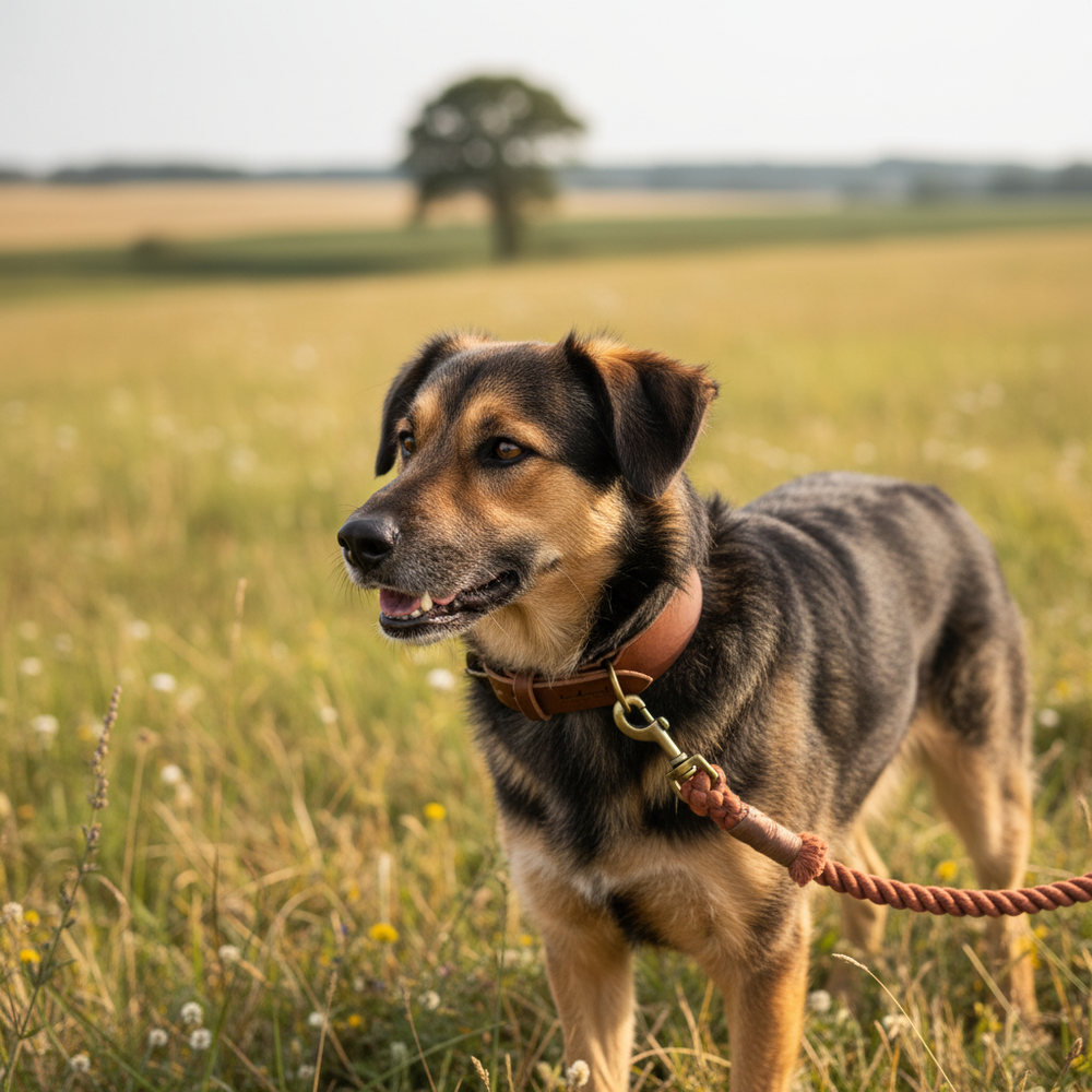 Hund mit meliertem Braun-Schwarzen Fell auf Wiese, trägt braunes Halsband, umgeben von grüner Landschaft und blauem Himmel.