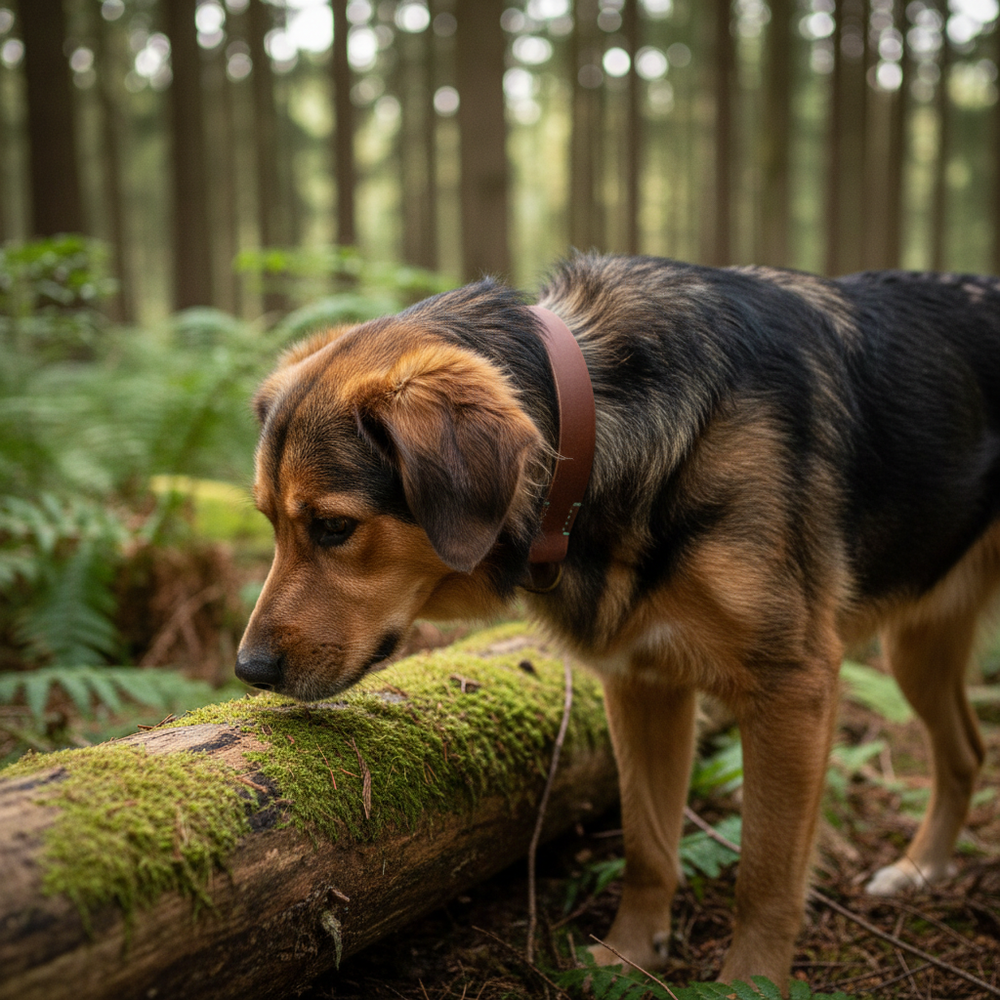 Hund mit braunem Fell und Lederhalsband schnüffelt neugierig an einem moosbedeckten Baumstamm im Wald.