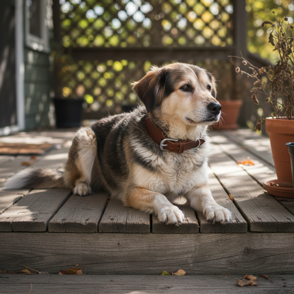 Hund mit braunem Lederhalsband entspannt auf Holzterrasse, umgeben von Pflanzen in einladender Atmosphäre.