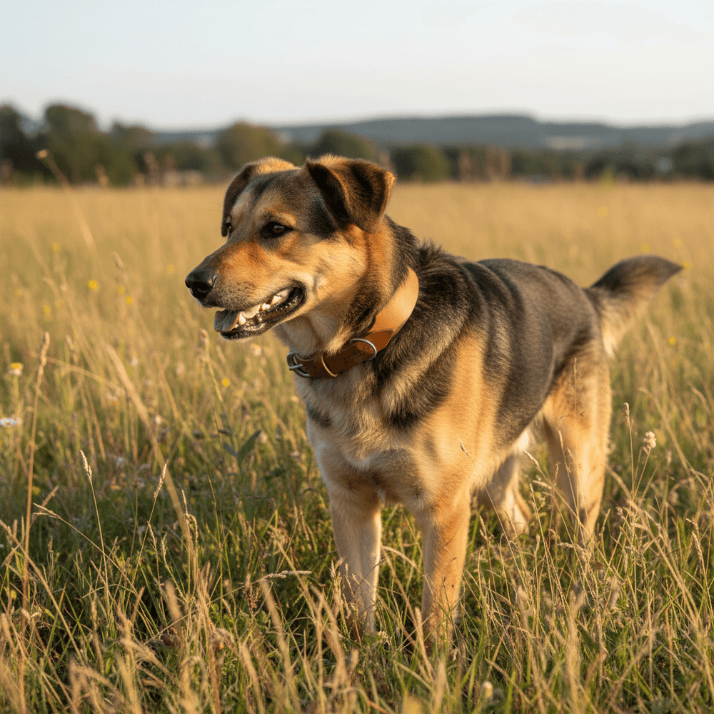 Hund mit braunem Fell und hellem Lederhalsband in einer grünen Wiese, umgeben von Bäumen und Hügeln.
