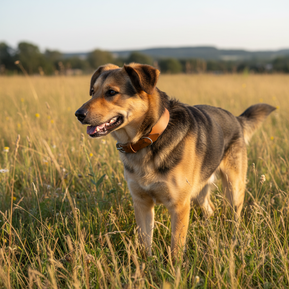 Hund mit braunem Fell und hellem Lederhalsband in einer grünen Wiese, umgeben von Bäumen und Hügeln.
