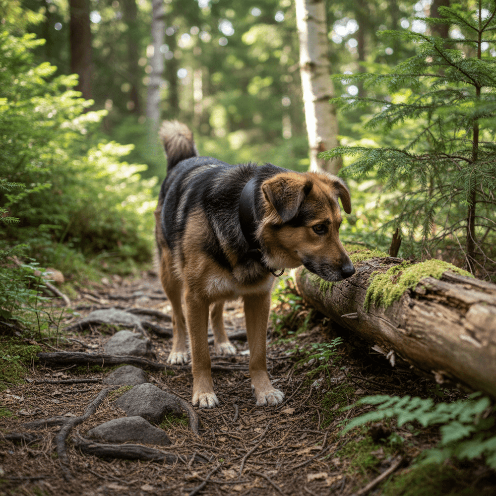 Hund mit schwarzem und braunem Fell auf einem Waldweg, umgeben von grünen Pflanzen und Bäumen, trägt ein Lederhalsband.