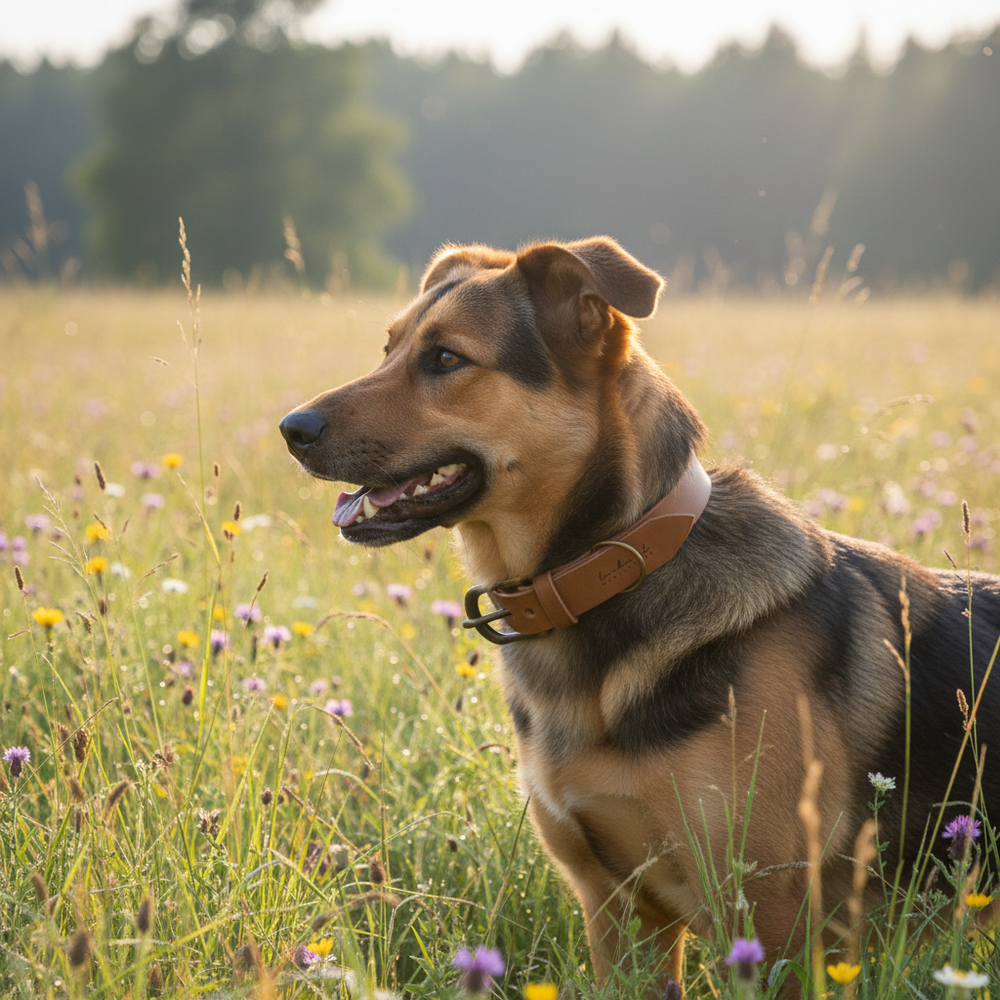 Hund auf blühender Wiese mit braunem Lederhalsband WALDSTREUNER, glänzendes Fell in Braun- und Schwarztönen.