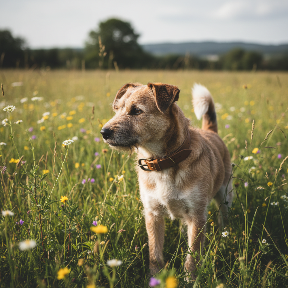 Hund im blühenden Feld mit Lederhalsband WALDGEIST, umgeben von Bäumen und bewölktem Himmel.