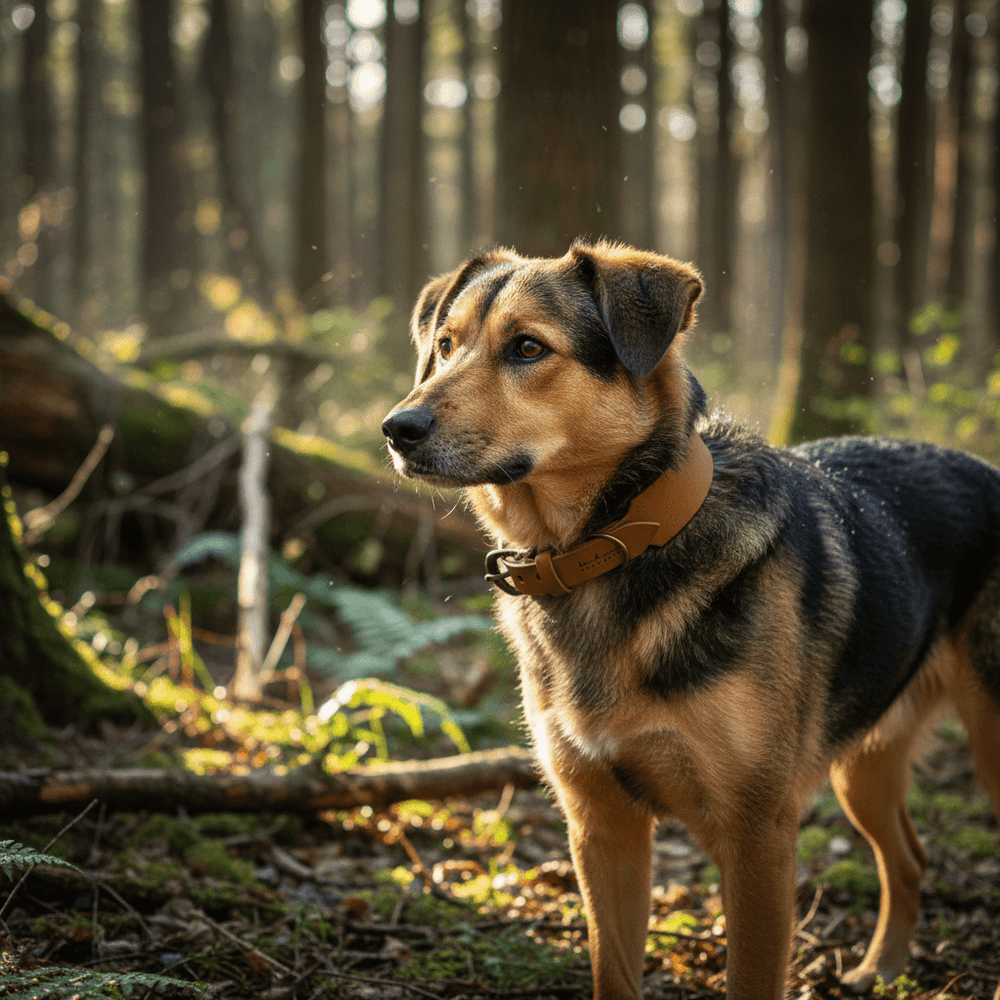 Hund im Wald mit schwarz-braunem Fell und braunem Lederhalsband WALDSTREUNER zwischen Bäumen und Pflanzen.
