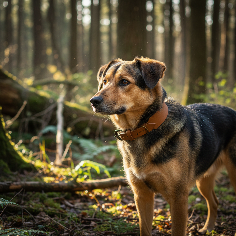 Hund im Wald mit schwarz-braunem Fell und braunem Lederhalsband WALDSTREUNER zwischen Bäumen und Pflanzen.
