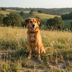 Goldener Hund auf blühender Wiese mit Lederleine Waldgeist, umgeben von sanften Hügeln und Bäumen im Sonnenlicht.