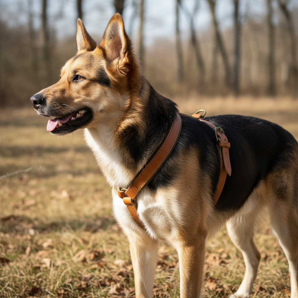Hund in braunem Ledergeschirr WILDFANG in natürlicher Umgebung mit Bäumen und trockenem Gras.