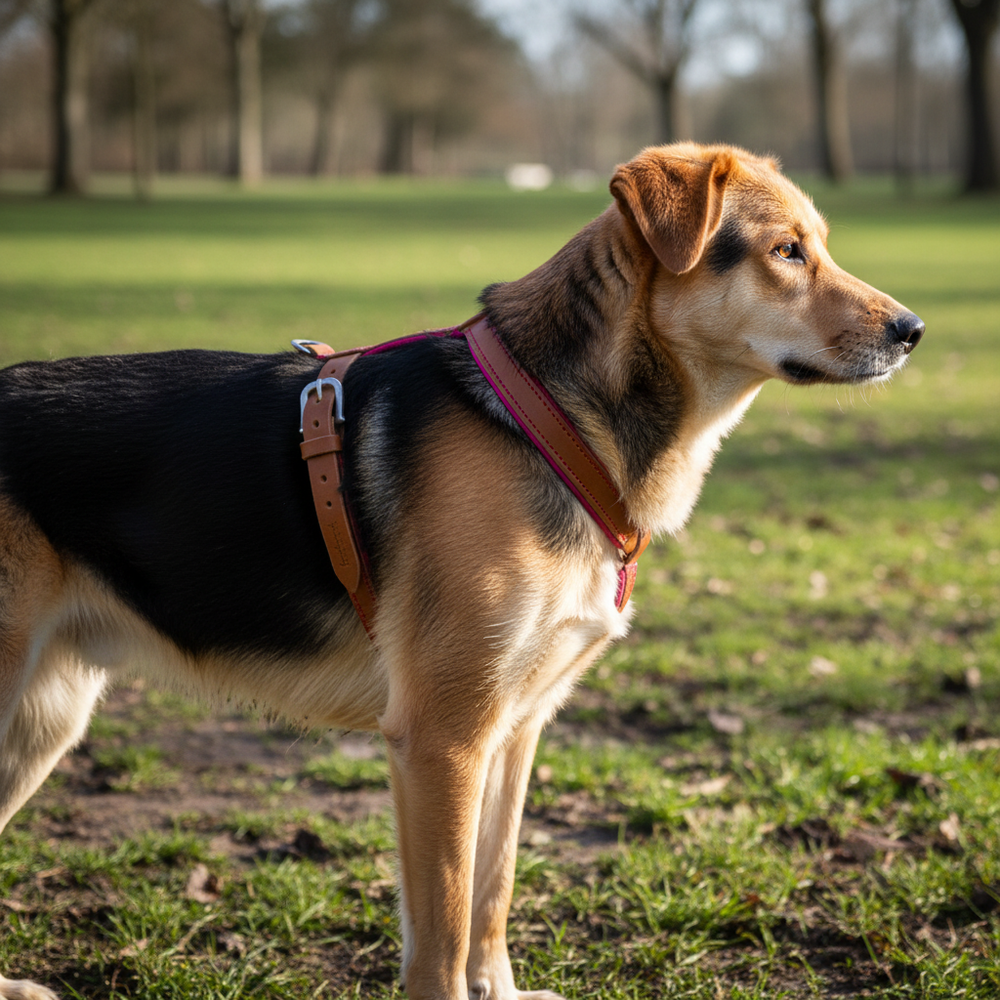 Hund im roten Ledergeschirr WILDFANG auf grüner Wiese im Profil.