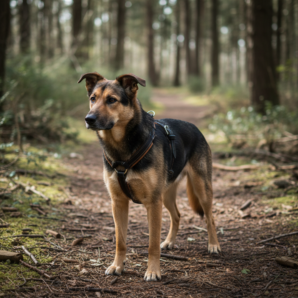 "Braun-schwarzer Hund steht im Wald und trägt das Ledergeschirr WILDFANG zwischen grünen Pflanzen."