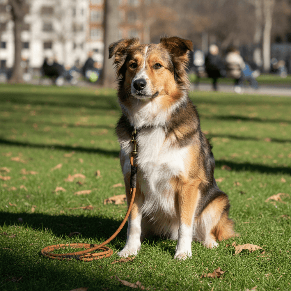 Hund mit braun-weißem Fell auf Wiese, trägt Rundlederleine und Halsband, unscharfe Silhouetten im Hintergrund.