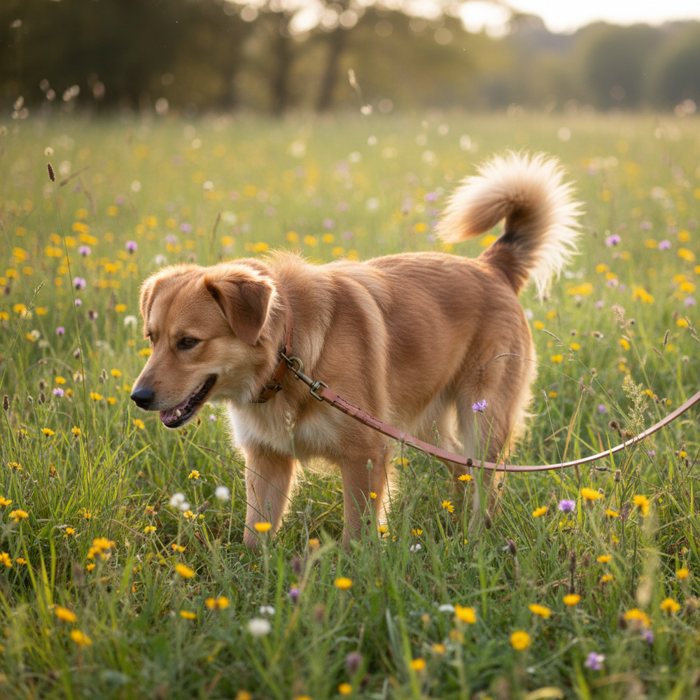 Hund mit goldbraunem Fell an einer Lederleine auf blühender Wiese mit bunten Wildblumen.