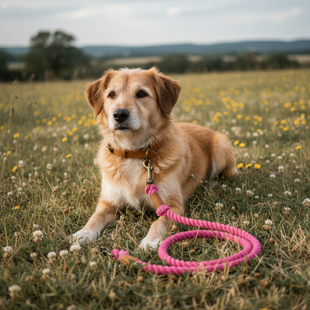 Goldener Hund auf Wiese mit bunten Blumen, pinke Leine liegt daneben, sanfte Hügel im Hintergrund.