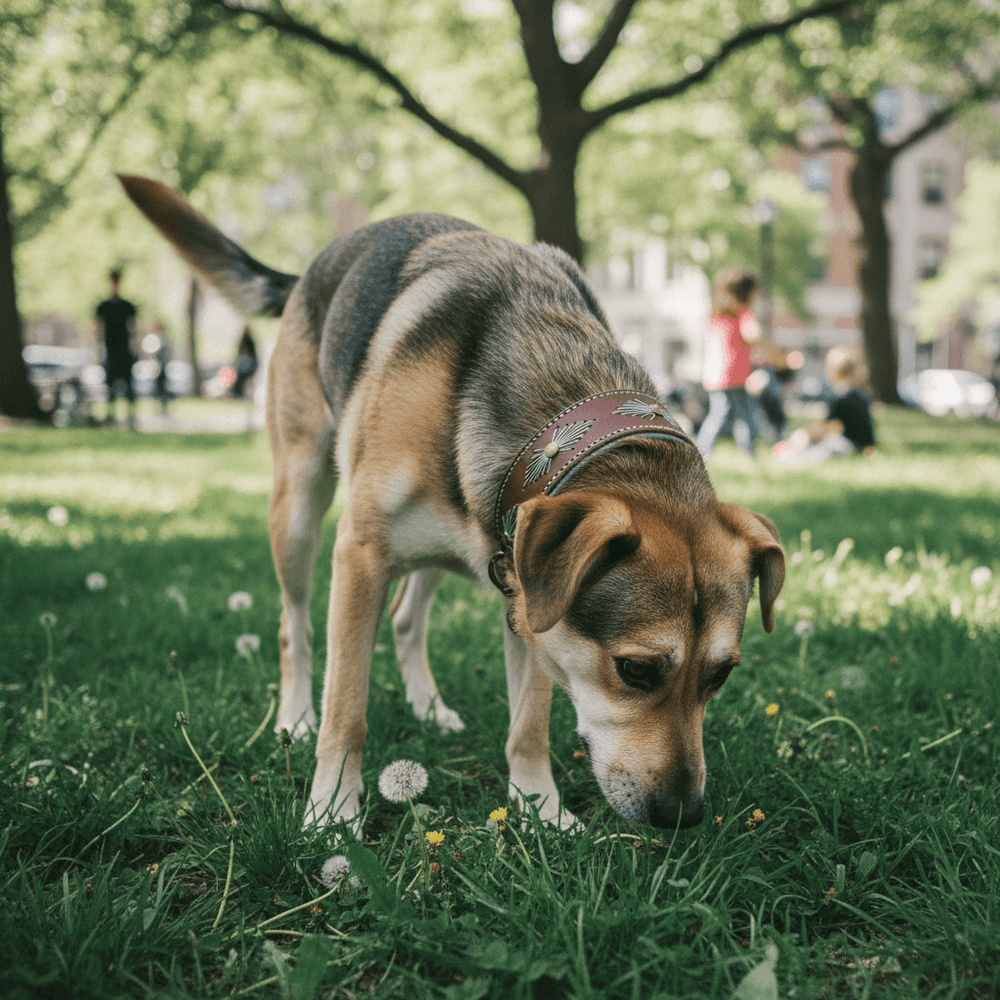 Ein Hund mit einem Lederhalsband WOODSTOCK schnüffelt im grünen Park bei sonnigem Wetter.
