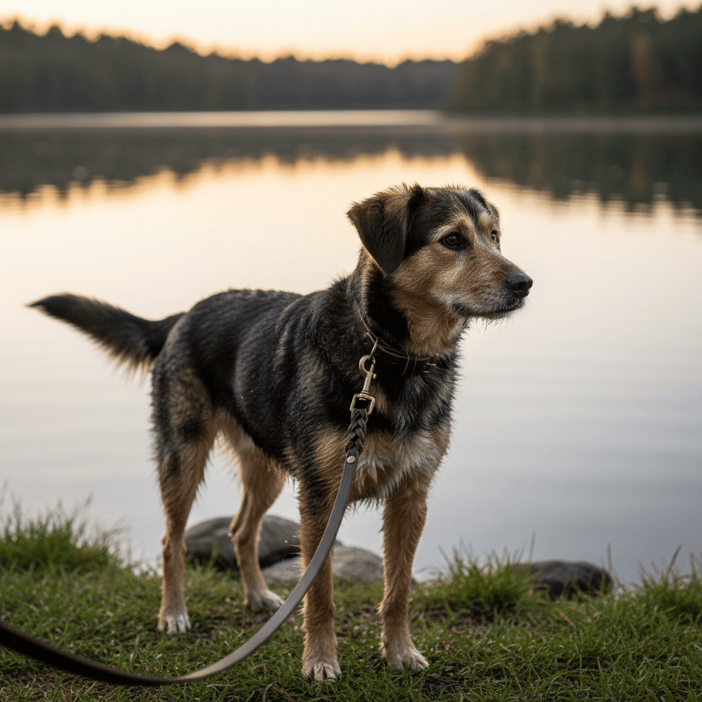Hund mit gestromtem Fell an einem Ufer, Abendsonne spiegelt sich im See, umgeben von Bäumen. Lederleine Waldstreuner.