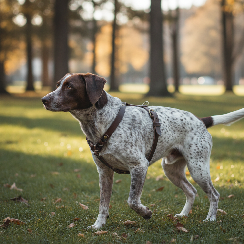 Hund im Park mit braunem und weißem Fell, trägt ein braunes Ledergeschirr, umgeben von herbstlichen Bäumen.