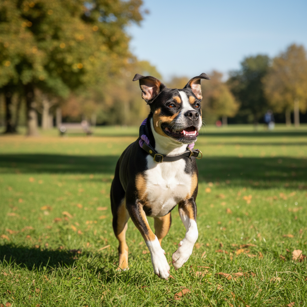 Fröhlicher Hund mit glänzendem Fell läuft über eine grüne Wiese im Park, Sonne scheint, perfekte Aktivität für Ahoi Tauhalsband.