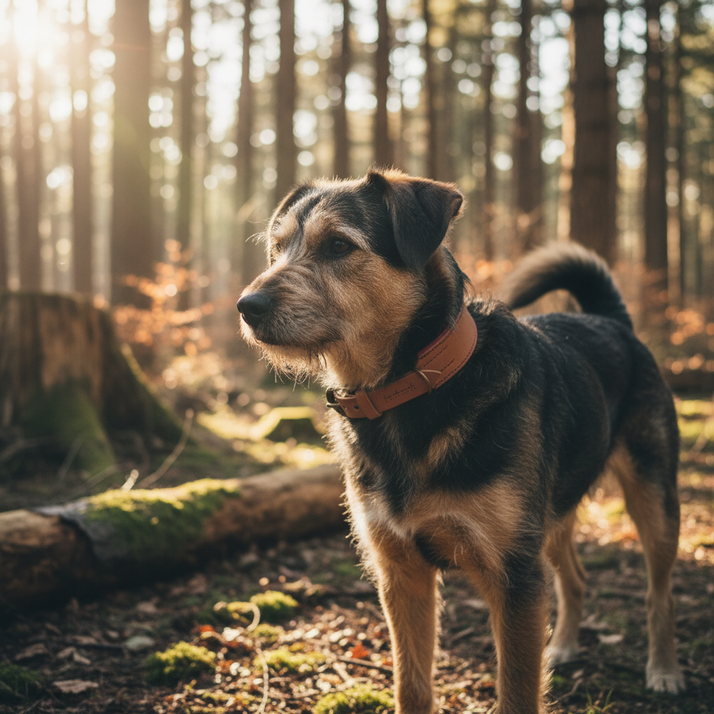 Hund im Wald mit braunem Lederhalsband, Sonnenlicht fällt durch die Bäume auf moosbedeckten Boden.