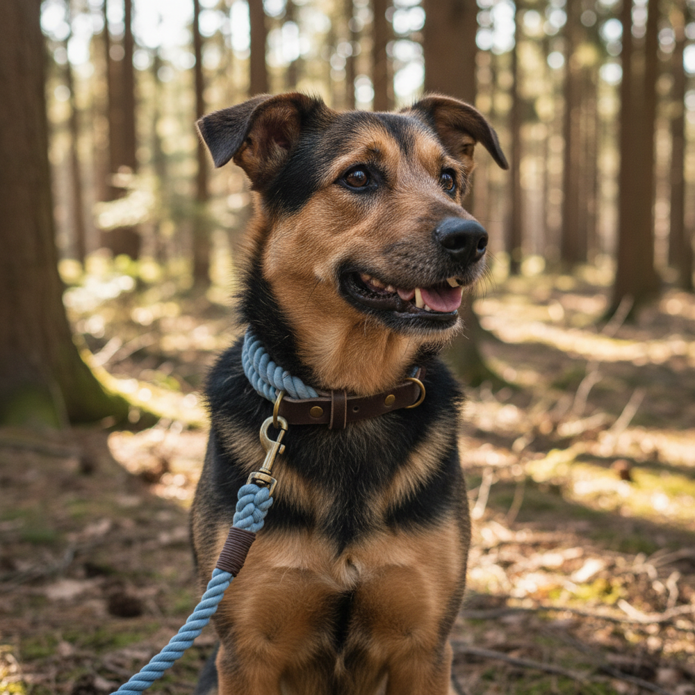 Hund im Wald mit braunem Halsband und blauer Leine, umgeben von Bäumen und Natur.