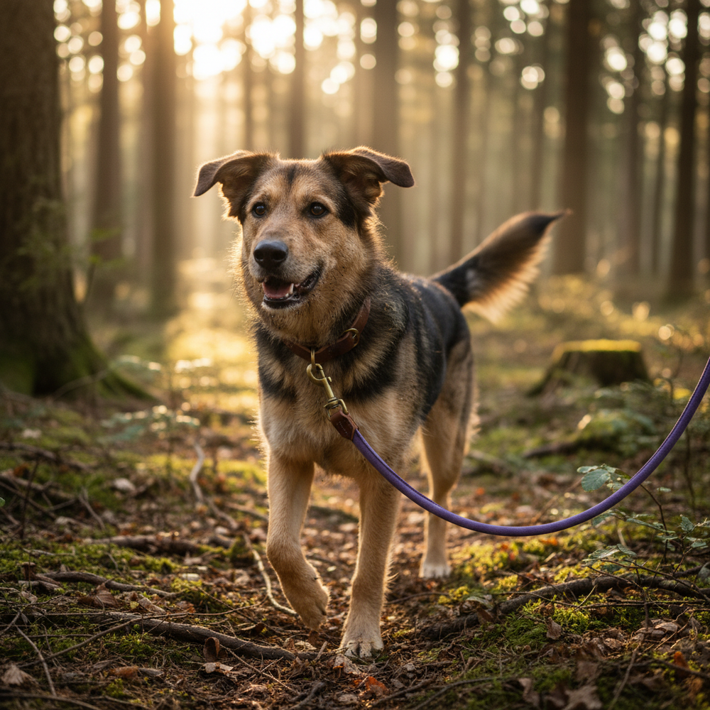 Hund an einer Wildlederleine im Wald, umgeben von Sonnenstrahlen und einer einladenden Atmosphäre.