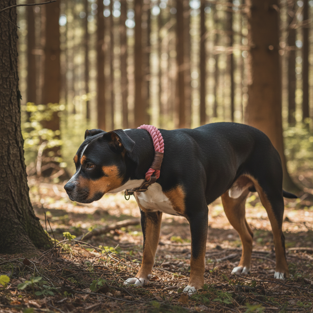 Hund im Wald mit glänzendem schwarz-braunen Fell und pinkfarbenem Zugstopp Tauhalsband Ahoi. Bäume im Hintergrund.