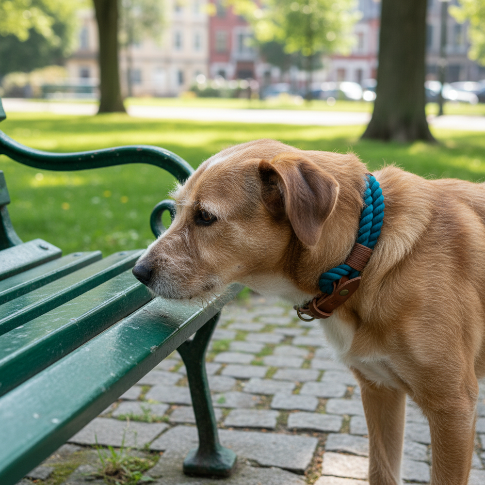 Hund mit hellem Fell trägt stylisches Tauhalsband Ahoi an grüner Parkbank, umgeben von Wiese und Bäumen.