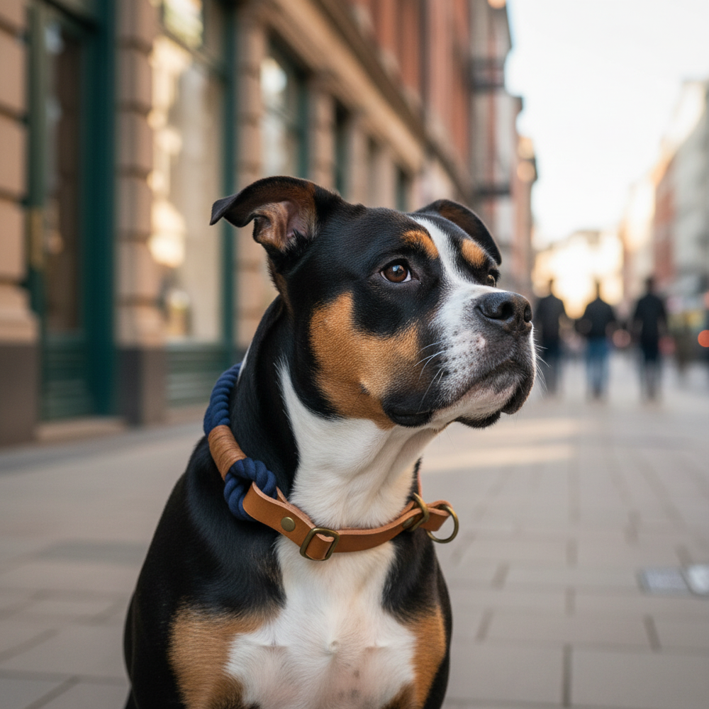 Schwarz-brauner Hund mit Zugstopp Tauhalsband Ahoi sitzt an einer Straße, unscharfe Menschen und Gebäude im Hintergrund.