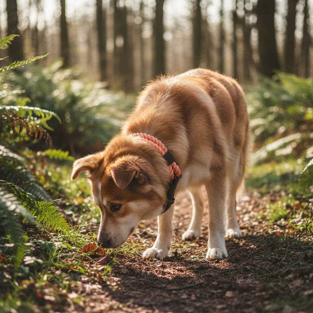 Brauner Hund mit weißen Akzenten trägt ein Tauhalsband im Wald und schnüffelt auf einem grünen Pfad.