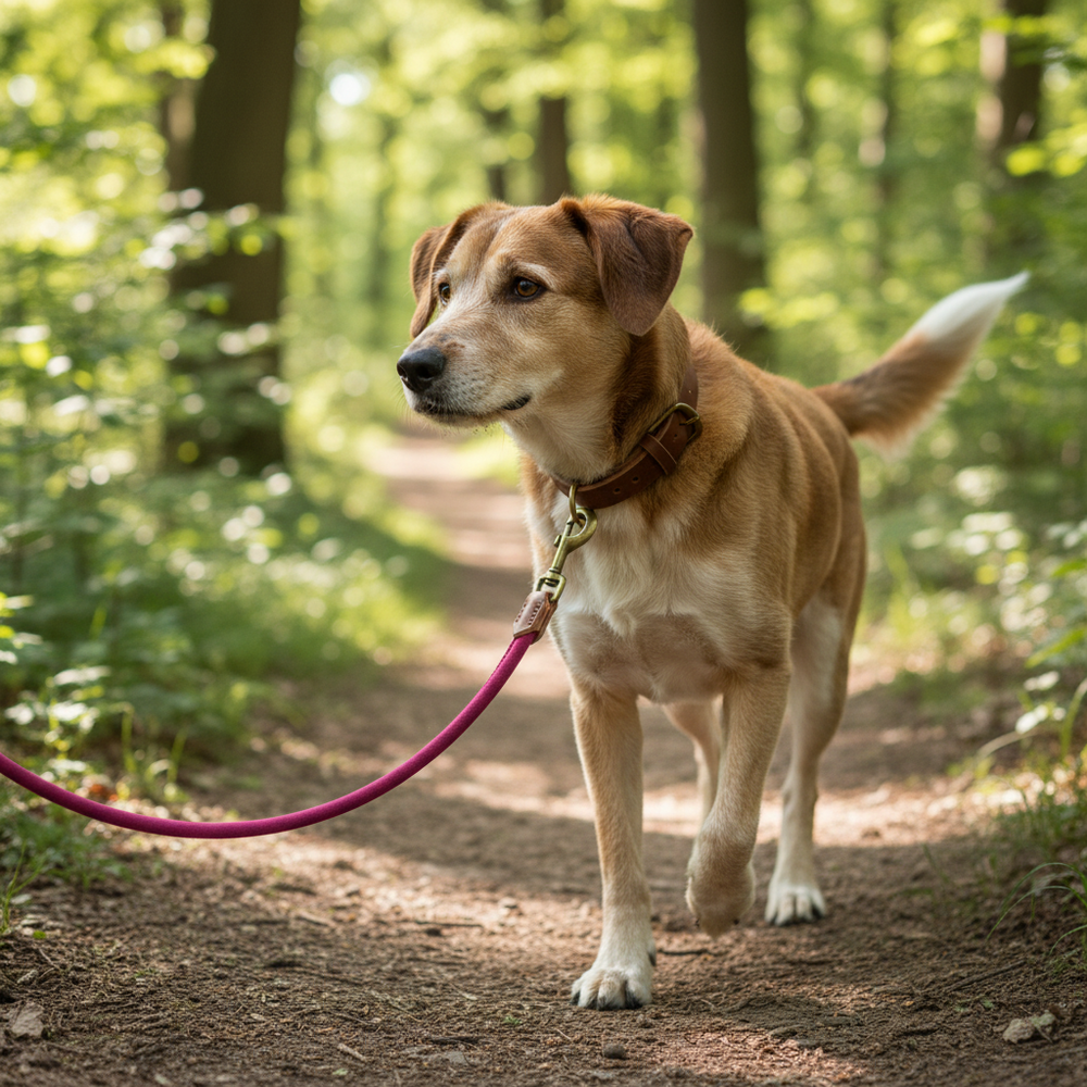Hund mit golden-braunem Fell läuft an pinker Wildlederleine auf schmalem Waldweg, umgeben von grünen Bäumen und Sonnenlicht.