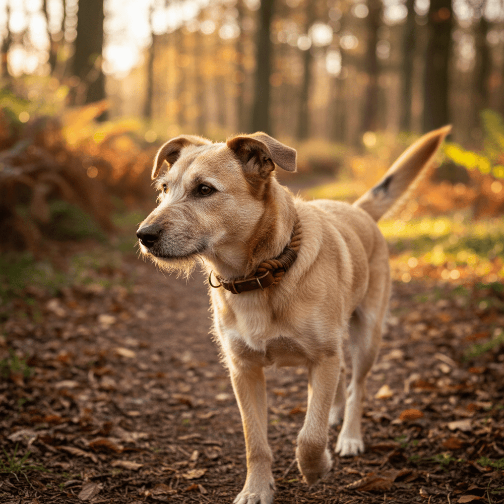 "Hund mit hellbraunem Fell trägt das Tauhalsband Ahoi auf einem Waldweg in buntem Herbstlaub."