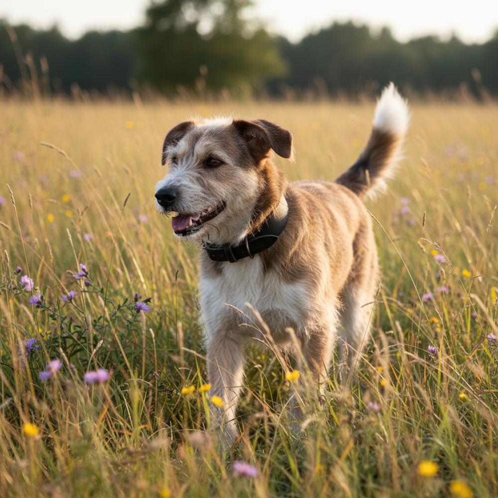 Freundlicher Hund mit hellbraunem und weißem Fell trägt ein schwarzes Lederhalsband im blühenden Feld.