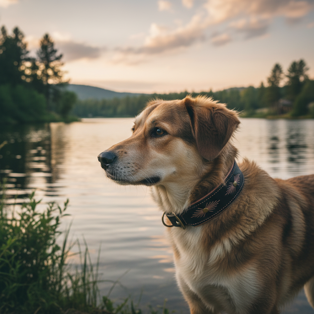 Hund mit hellbraunem Fell steht am Ufer eines ruhigen Gewässers bei Abenddämmerung, trägt das Lederhalsband WOODSTOCK.