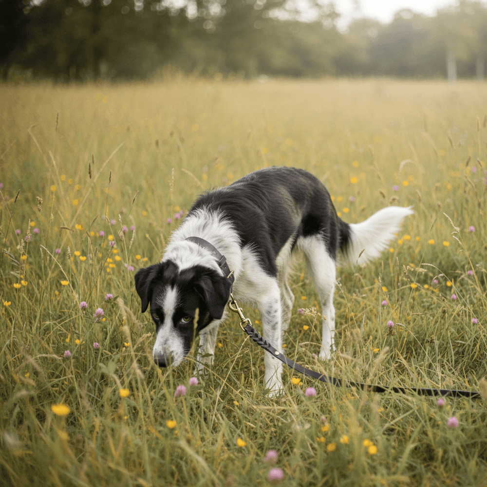 Schwarzer und weißer Hund schnüffelt im hohen Gras einer blühenden Wiese, an einer Lederleine mit bunten Wildblumen.