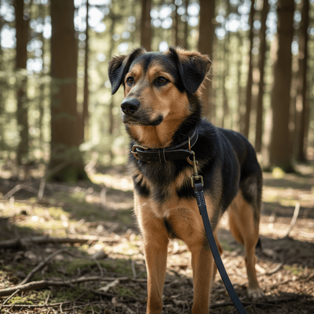 Hund im Wald mit glänzendem, braunem Fell und schwarzem Halsband, an einer Lederleine befestigt.