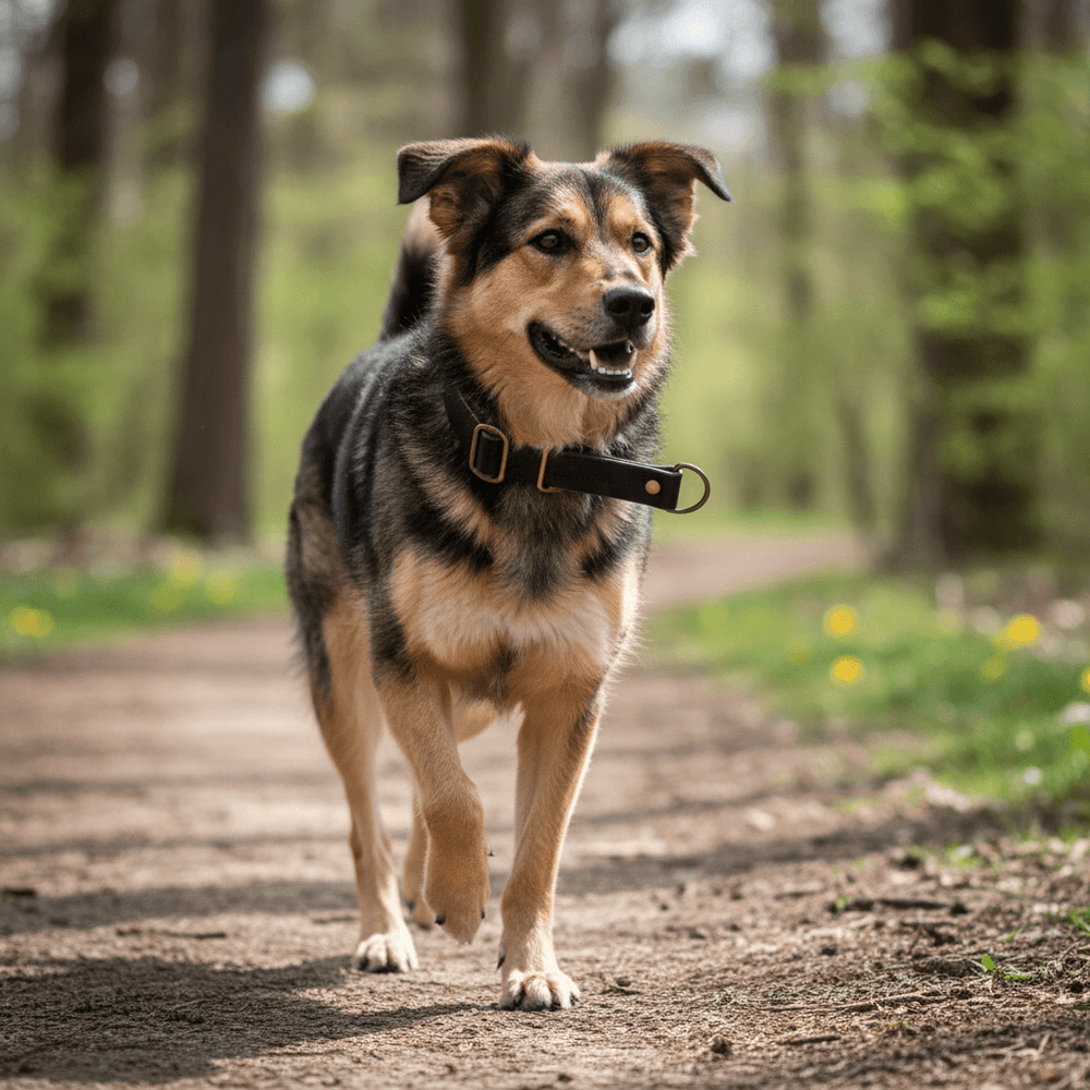 Fröhlicher Hund mit braun-schwarzem Fell auf einem Waldweg, trägt das Zugstopp Lederhalsband WALDSTREUNER.